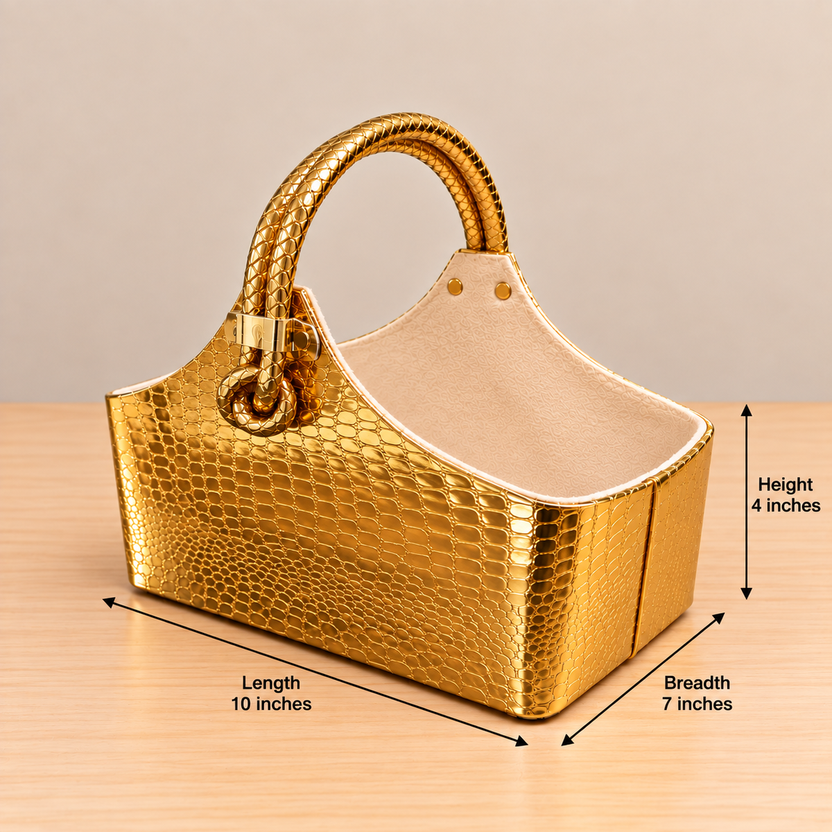 Premium Crocodile Finish Leather Hamper Basket with Handle | Gold Gift Basket