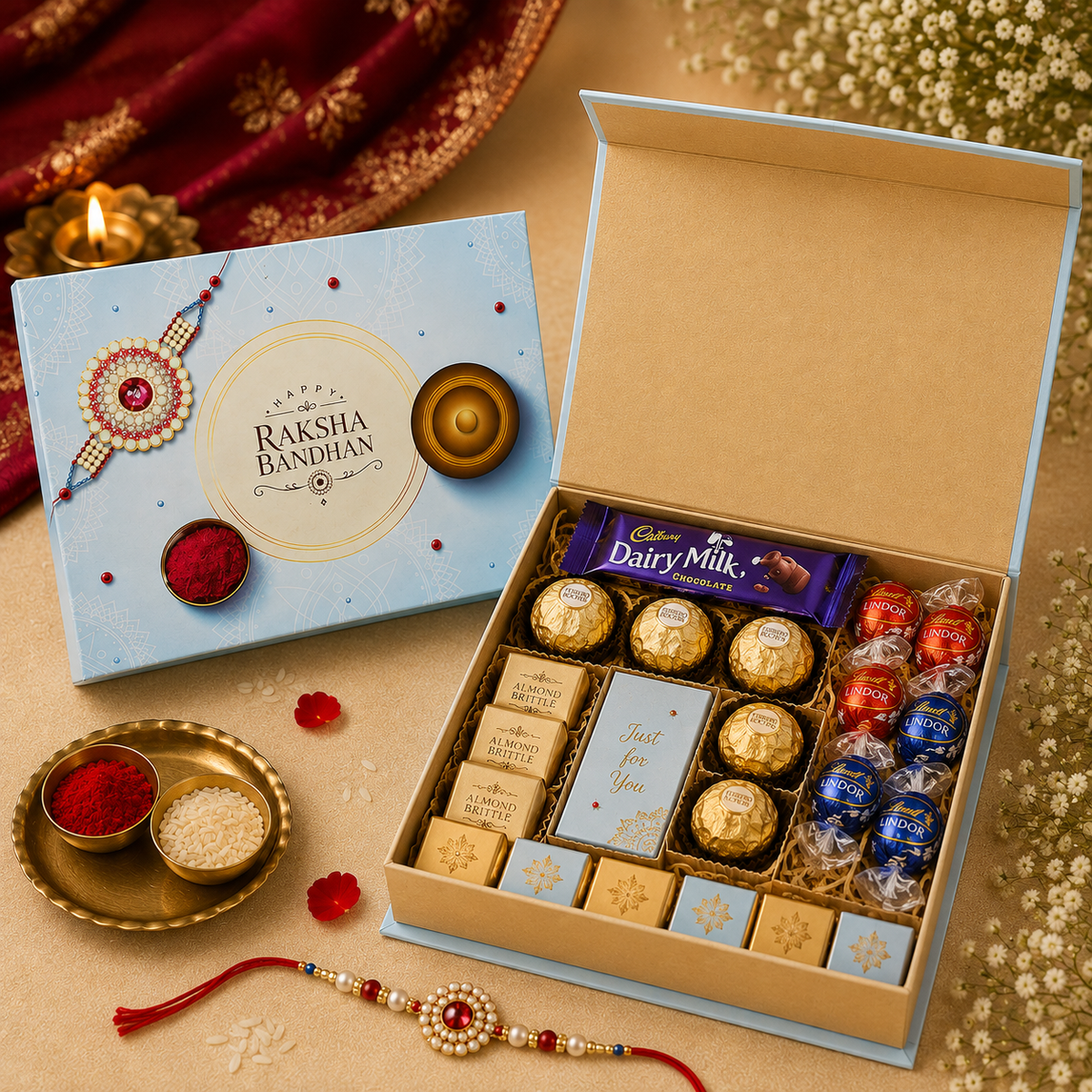 Raksha Bandhan Premium Hardboard Gift Box – 12 Cavity Capacity