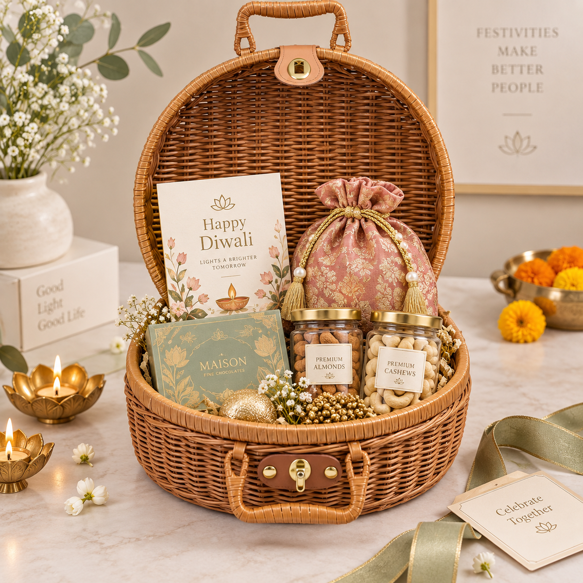 Round Wicker Trunk Hamper Box with Lock & Handle | Premium Gift Box