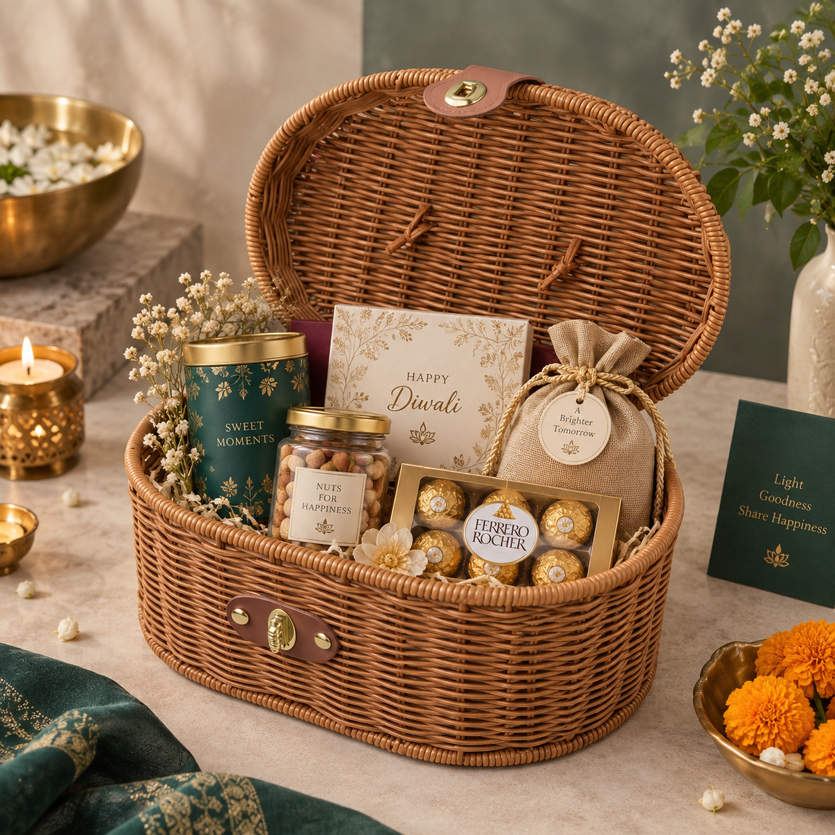 Oval Wicker Trunk Hamper Box with Lid & Handle | Premium Diwali Gift Box