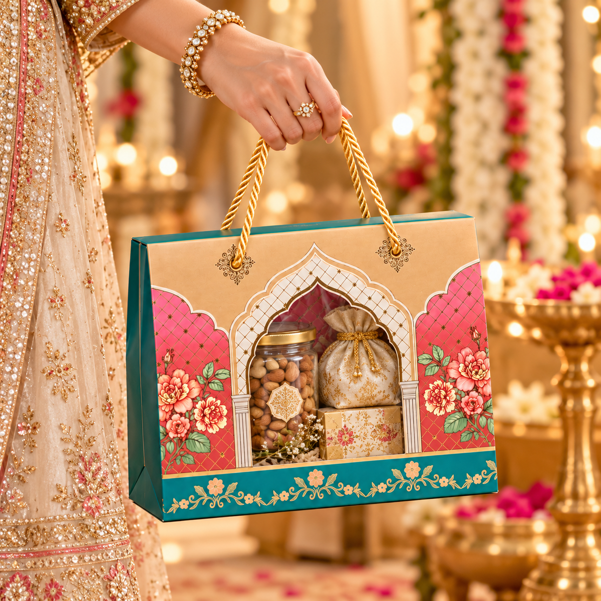 Diwali Festive Printed Corrugated Hamper Box with Transparent Window & Rope Handle | Foldable Gift Box
