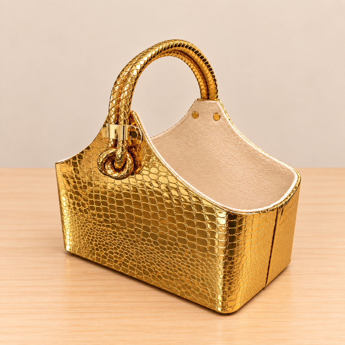 Premium Crocodile Finish Leather Hamper Basket with Handle | Gold Gift Basket