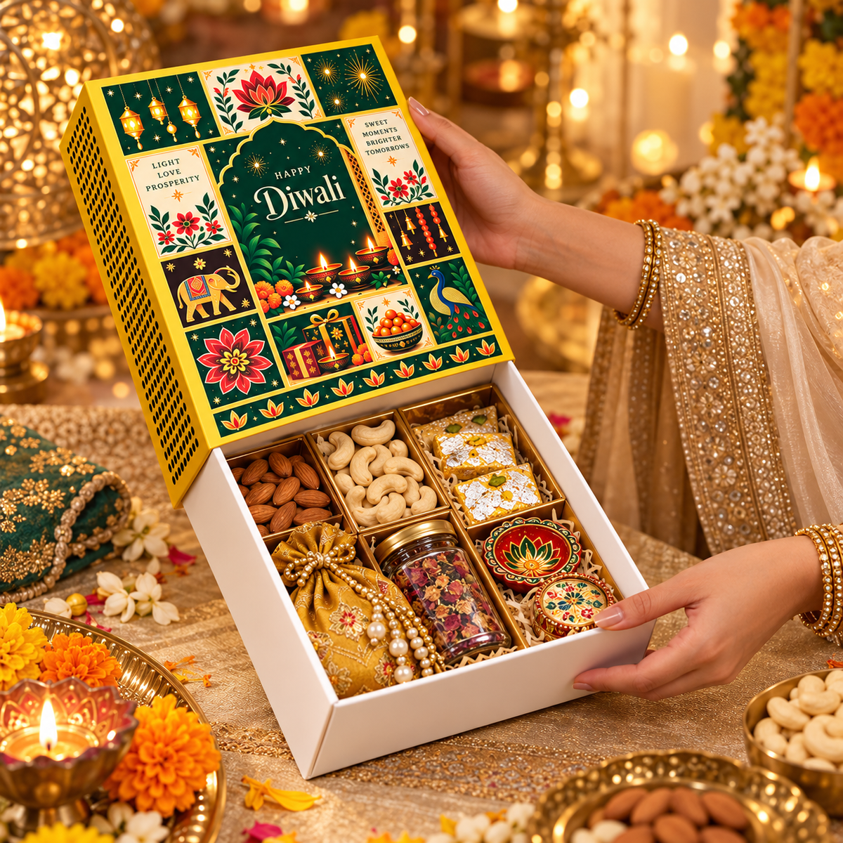 Diwali Matchbox Style Hamper Box | Festive Printed Softboard Gift Box (Mix Designs)