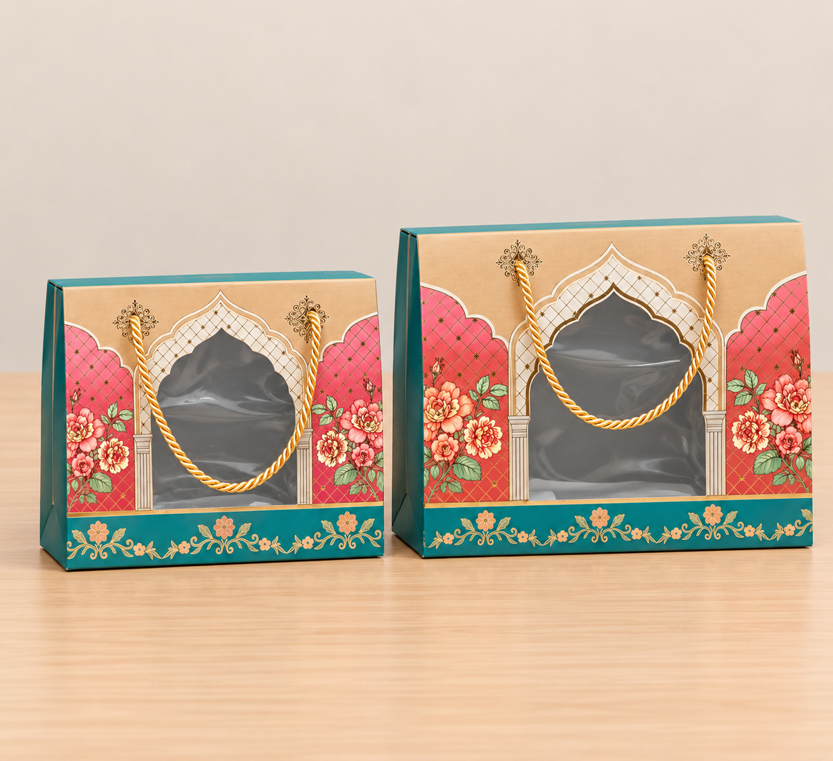 Diwali Festive Printed Corrugated Hamper Box with Transparent Window & Rope Handle | Foldable Gift Box