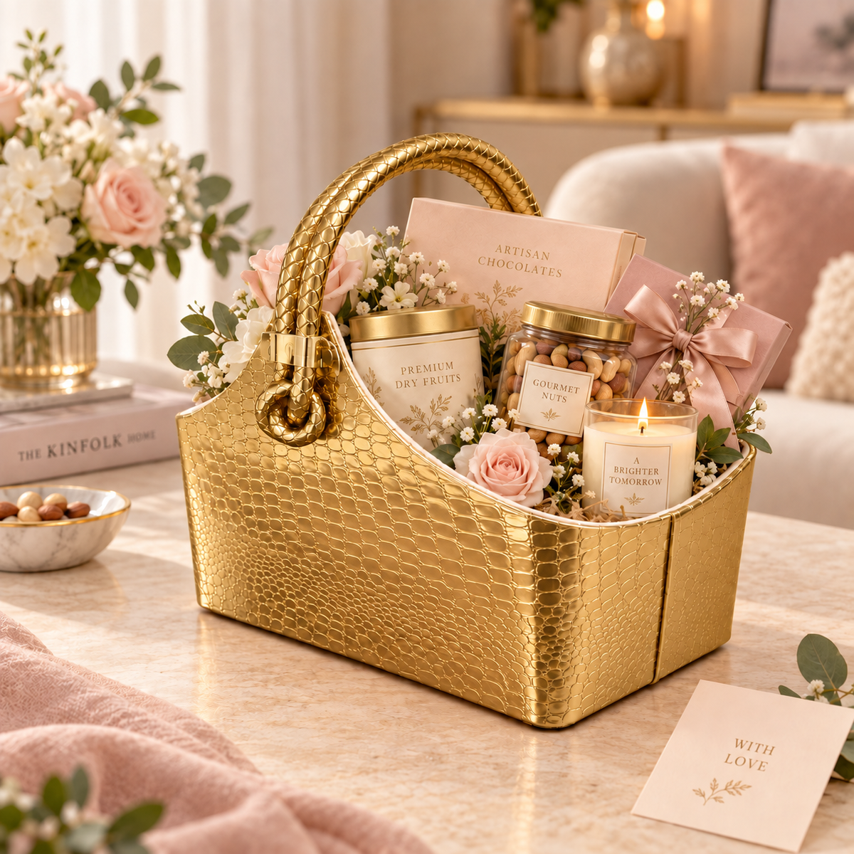 Premium Crocodile Finish Leather Hamper Basket with Handle | Gold Gift Basket