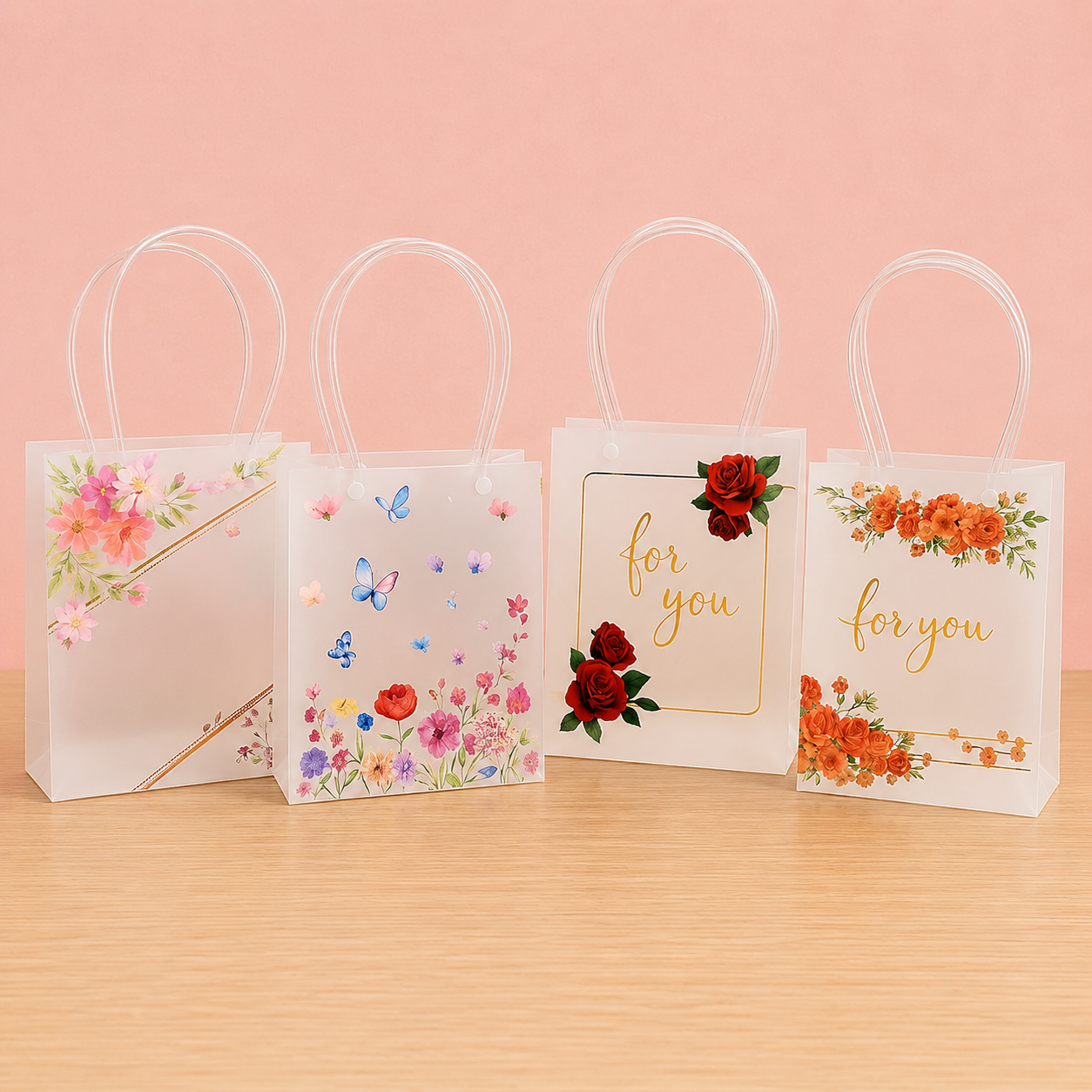 Mini Translucent PVC Printed Gift Bag with Pipe Handle – Decorative Return Gift Packaging Bag - Small (Mix designs)