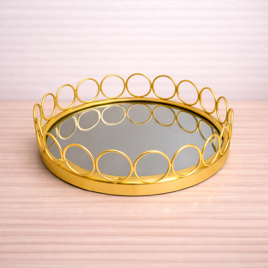 Decorative Metal Mirror Hamper Tray with Ring Design