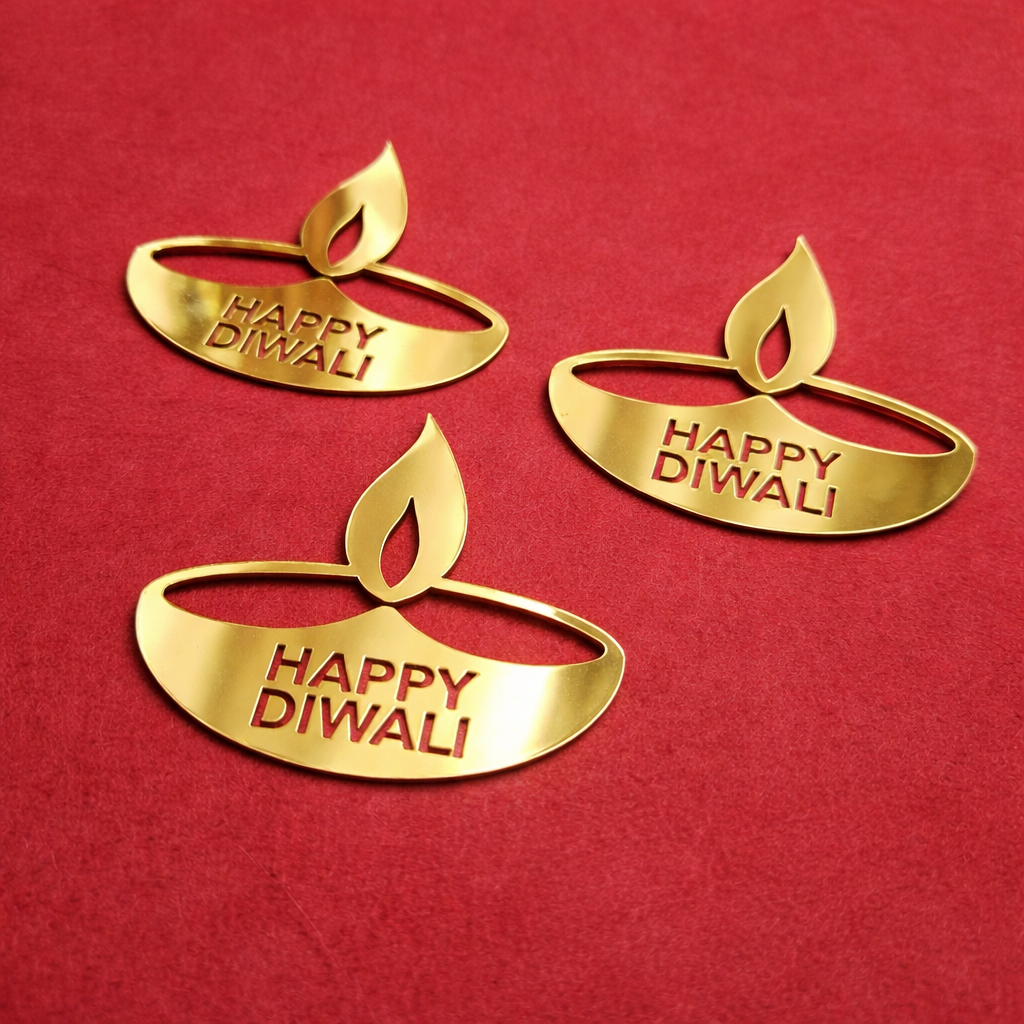 Diwali Acrylic Diya Topper – Premium Gold Decorative Hamper Tag