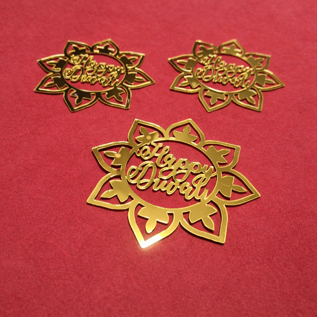 Diwali Acrylic Floral Topper – Premium Gold Decorative Hamper Tag