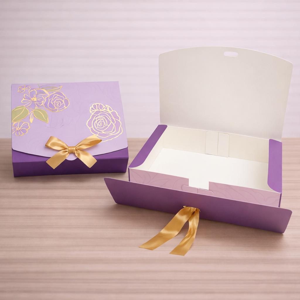 Foiled Flap Gift Box with Ribbon – Compact Premium Packaging Box
