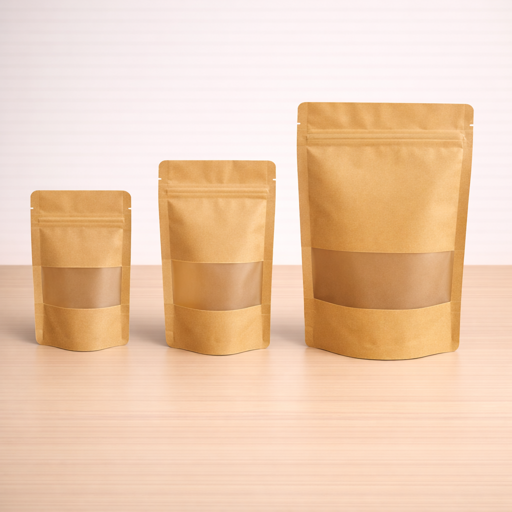 Kraft Stand-Up Zipper Pouches with Window – Eco-Friendly Storage & Packaging Bags