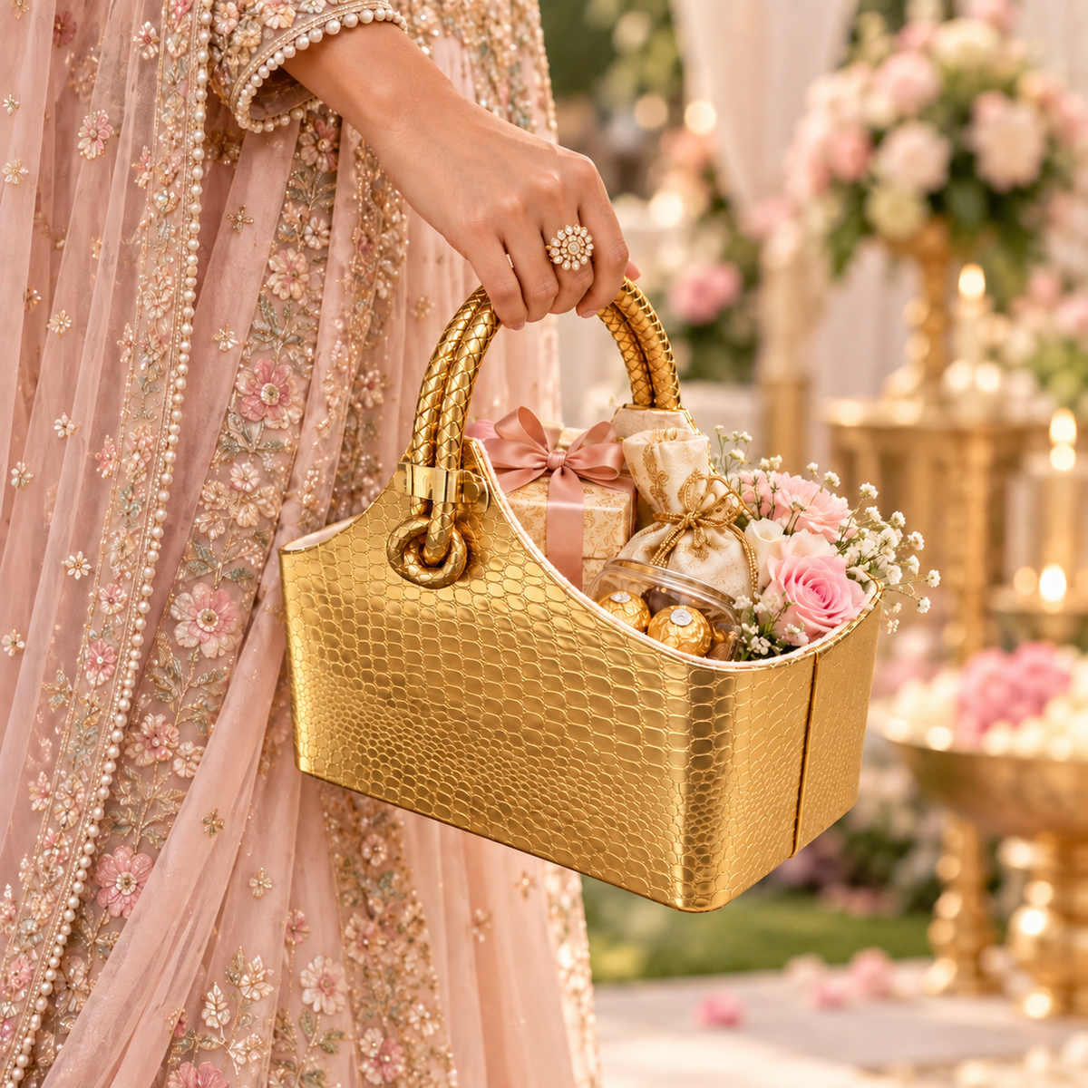 Premium Crocodile Finish Leather Hamper Basket with Handle | Gold Gift Basket