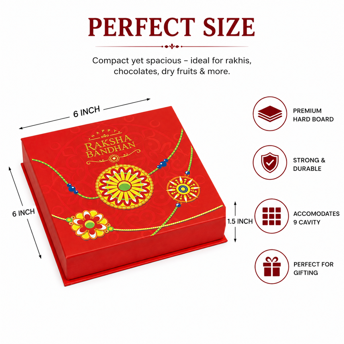 Raksha Bandhan Premium Hardboard Gift Box – 9 Cavity Capacity (Mix designs)