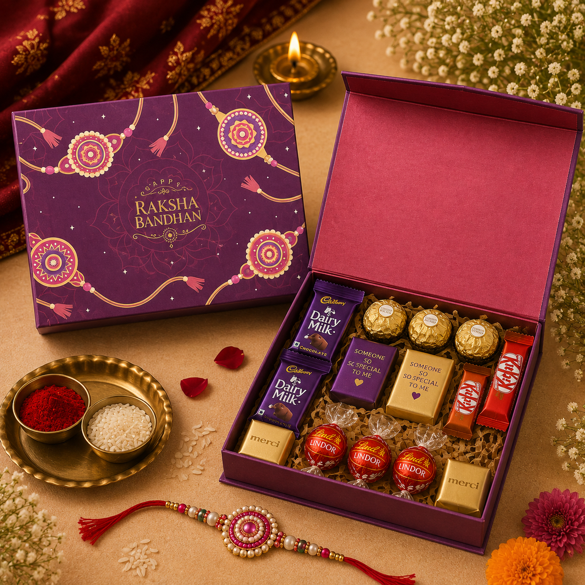 Raksha Bandhan Premium Hardboard Gift Box – 12 Cavity Capacity