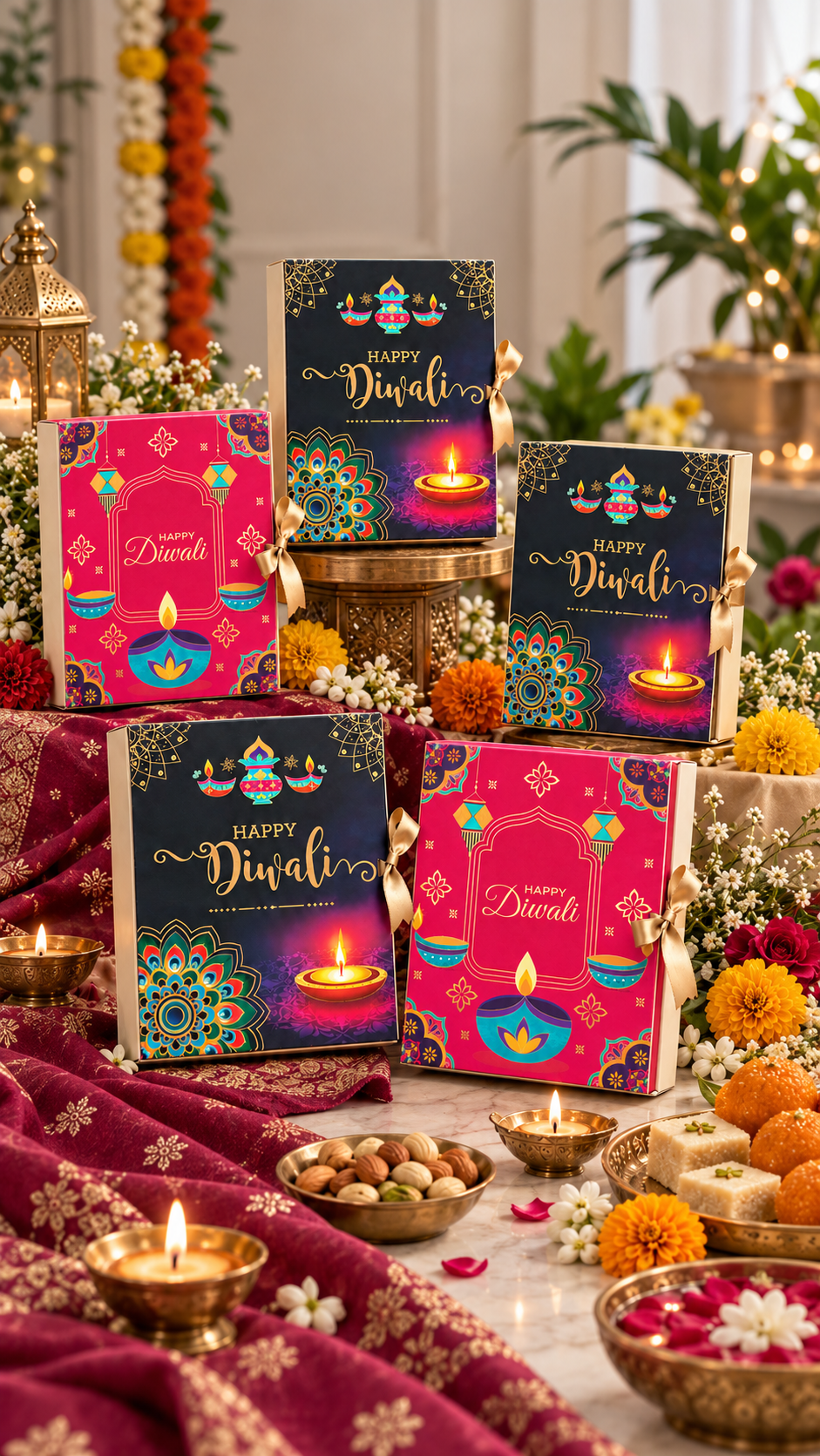Diwali Ribbon Closure Hamper Box | Festive Printed Gift Box | 11 × 9 × 3 Inches (Mix designs)