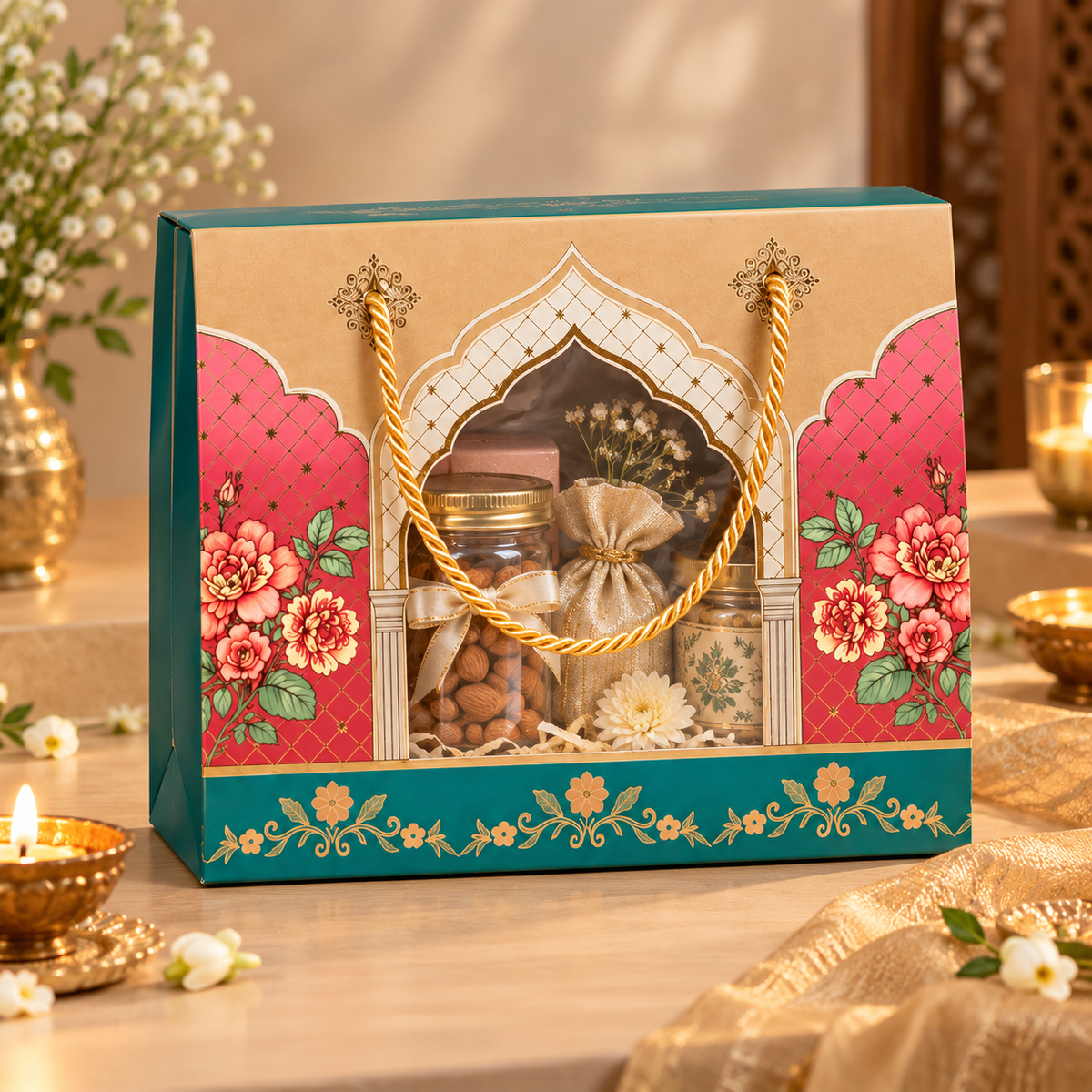 Diwali Festive Printed Corrugated Hamper Box with Transparent Window & Rope Handle | Foldable Gift Box