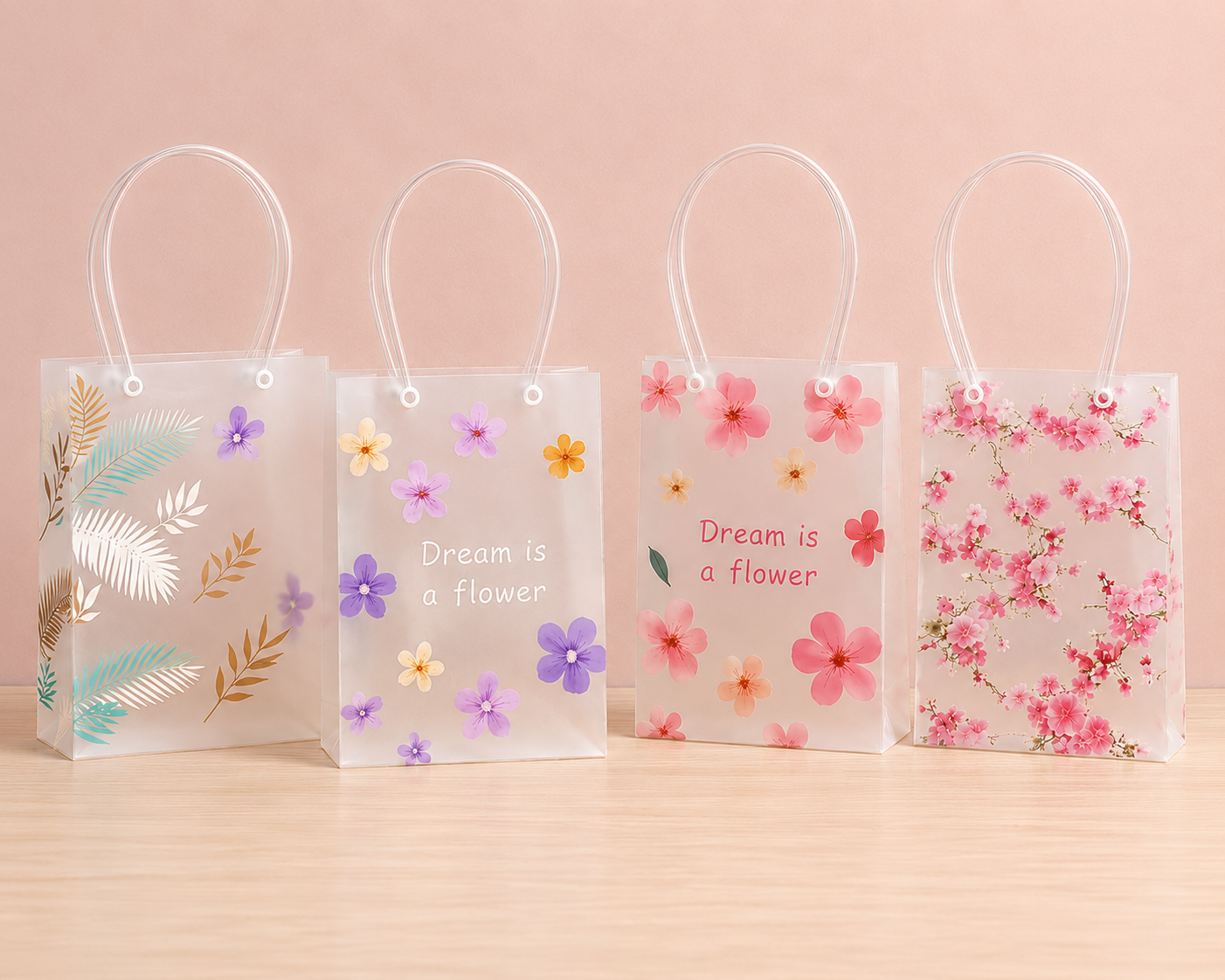PVC Printed Translucent Gift Bag with Pipe Handle – Premium Reusable Gift Packaging Bag Medium (Mix designs)