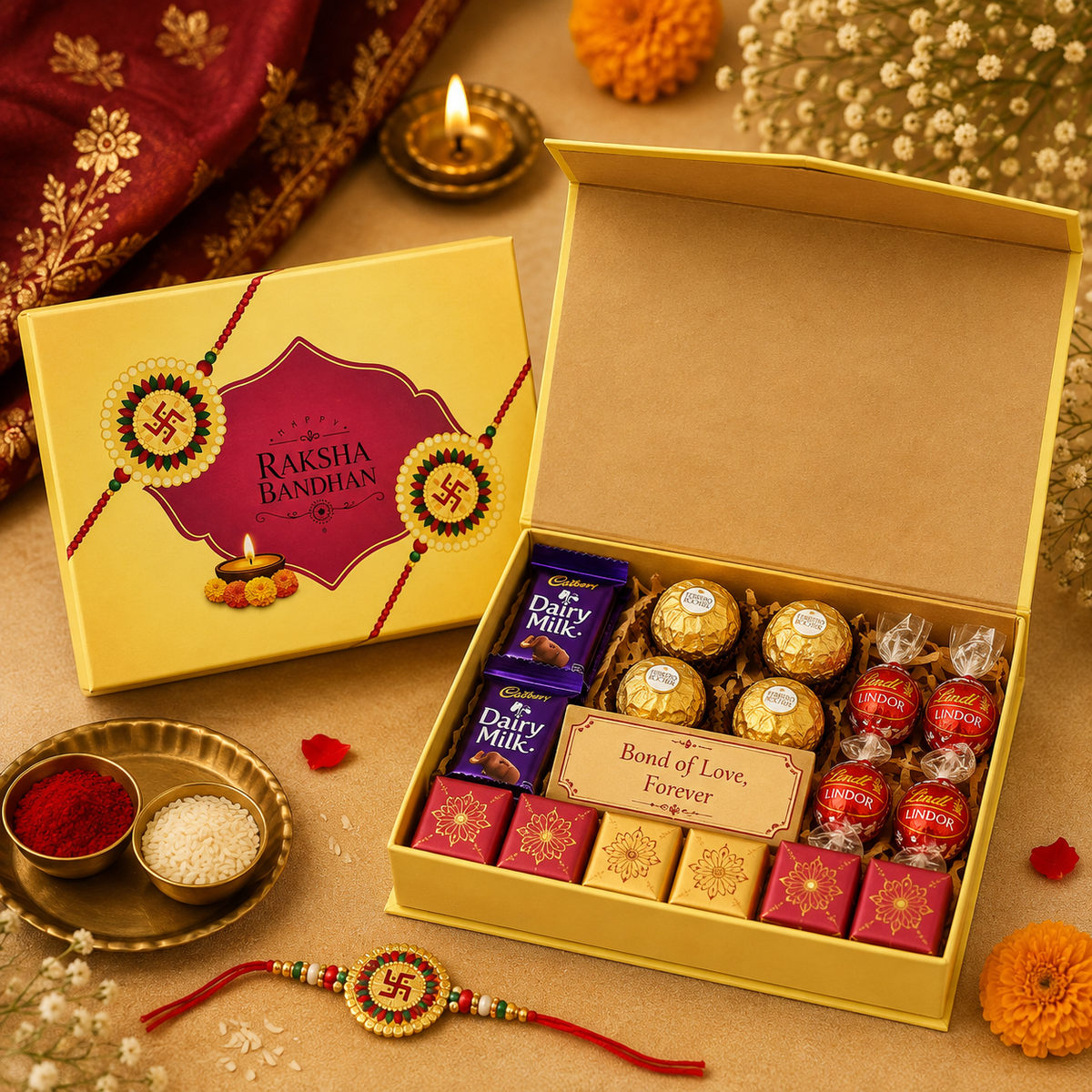 Raksha Bandhan Premium Hardboard Gift Box – 12 Cavity Capacity