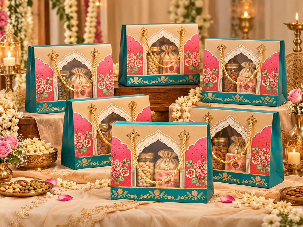 Diwali Festive Printed Corrugated Hamper Box with Transparent Window & Rope Handle | Foldable Gift Box