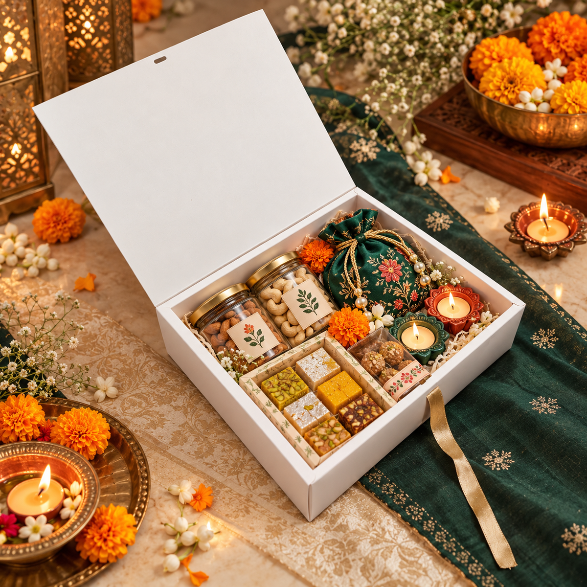 Diwali Ribbon Closure Hamper Box | Festive Printed Gift Box | 11 × 9 × 3 Inches (Mix designs)